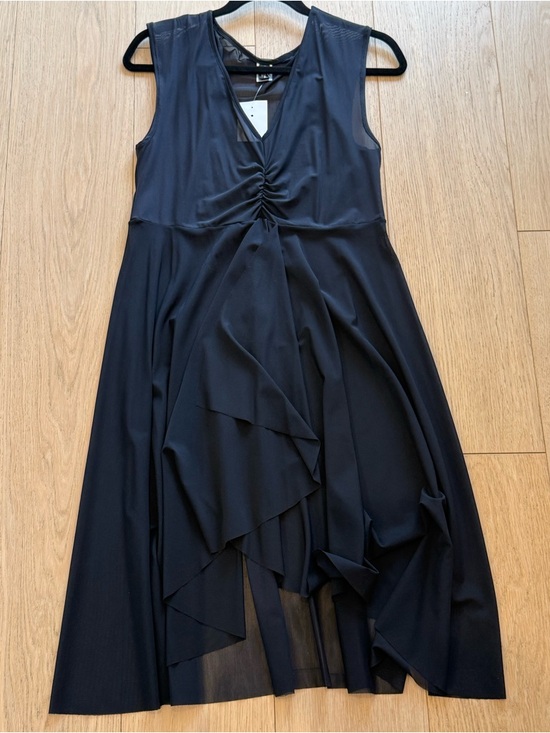 Simon Chang Sheer Black Cover Up Dress M 🖤 Plunge Layered Resort Chic BNWT - Picture 2 of 4